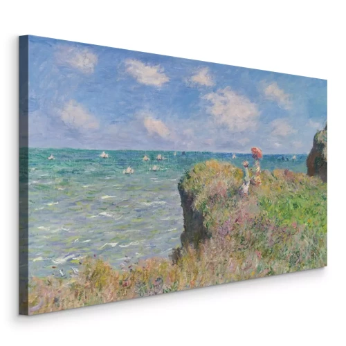 Bild Eine Frau mit einem Regenschirm auf einer blumenbewachsenen Klippe