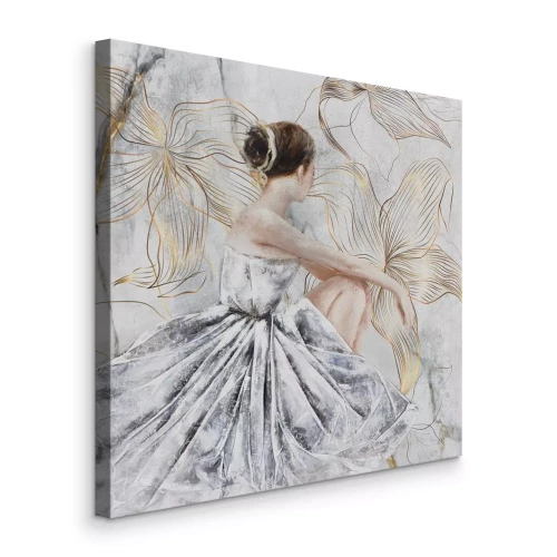 Bild Eine Frau in einem Ballettkleid vor einem Hintergrund goldener Blüten