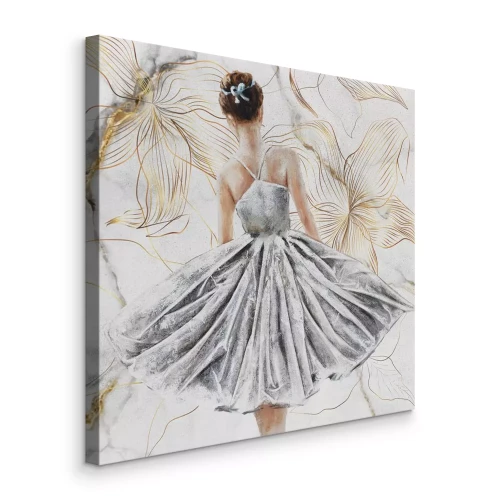 Bild Ein weibliches Porträt einer Tänzerin, umgeben von goldenen Blumen.