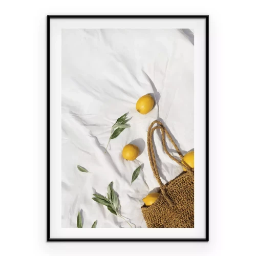 Poster Ein natürlicher Beutel mit Zitronen auf einer weißen Tischdecke