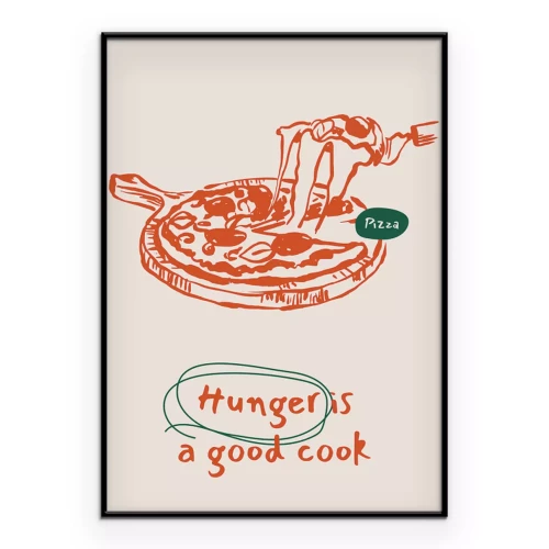 Poster Eine minimalistische Zeichnung einer Pizza mit zähflüssigem Käse