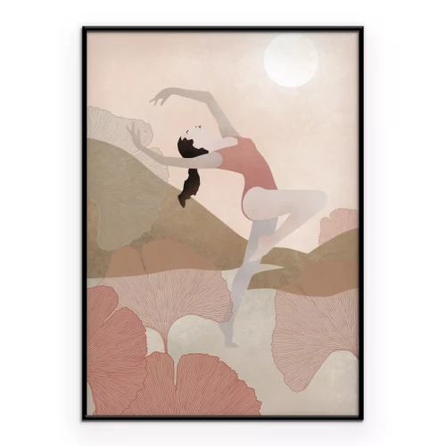 Poster Eine anmutige Tänzerin vor der Kulisse von Bergen und Sonne