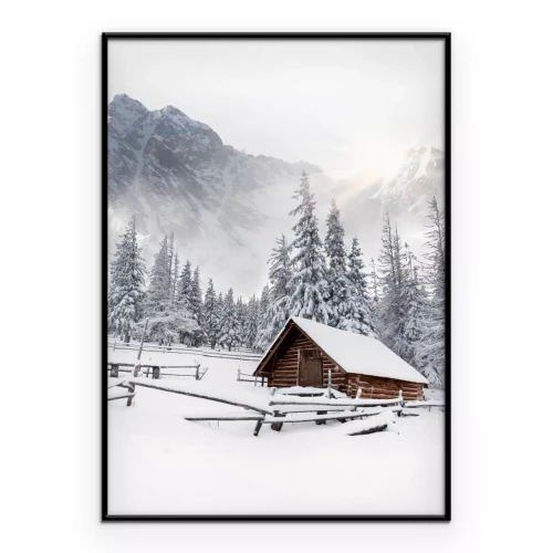 Poster Ein Berghaus inmitten von Schnee und Nebel