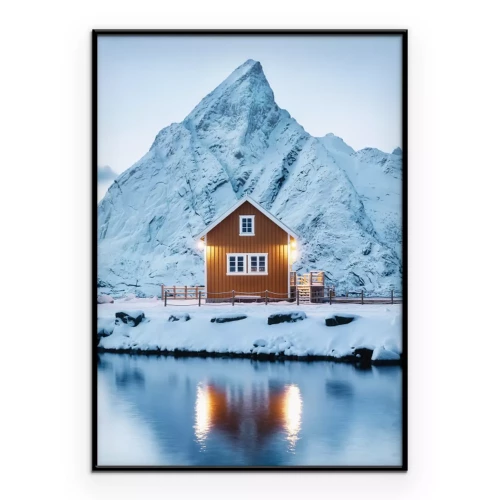 Poster Winterlandschaft eines Hauses oberhalb des Berges