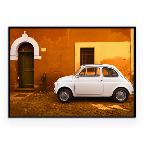 Poster Klassischer Fiat vor einer orangefarbenen Wand