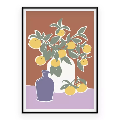 Poster Eine Dekoration mit Zitronen in einer Vase auf naturbraunem Hintergrund