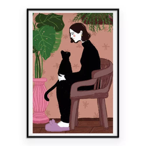 Poster Frau entspannt sich mit ihrer Katze auf einem Stuhl