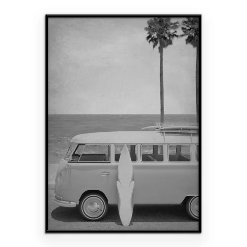 Poster Retro-Bus mit Brettern am Strand