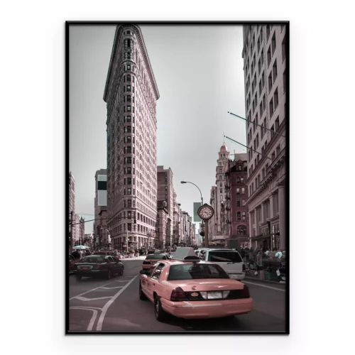 Poster Stadtpanorama mit einem rosa Auto