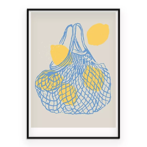 Poster Ein Arrangement mit Zitronen in einem blauen Stoffbeutel