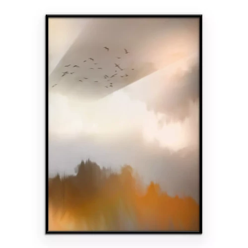 Poster Eindruck von goldenem Nebel über dem Wald