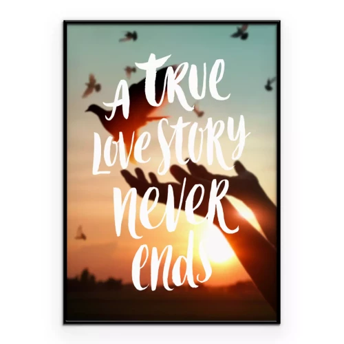 Poster Weiße Schrift auf einem Hintergrund mit einer Hand und Vögeln