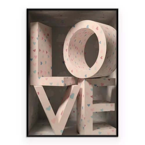 Poster Räumliche Typografie mit pastellfarbenen Herzen