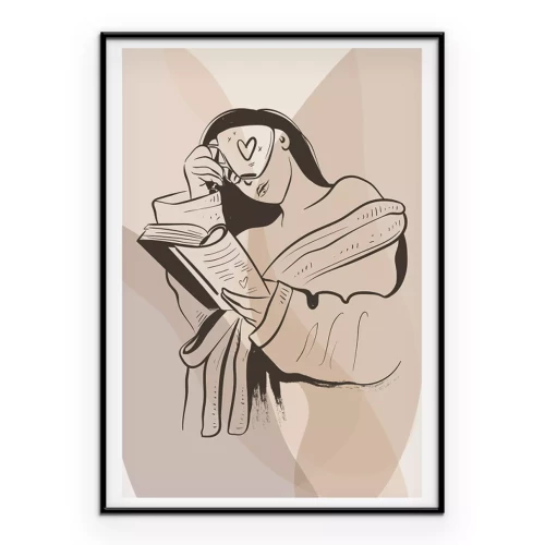 Poster Eine Frau liest mit einer Tasse aromatischem Kaffee in der Hand