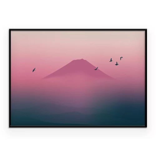 Poster Pastellfarbene Landschaft mit der Silhouette eines Gipfels
