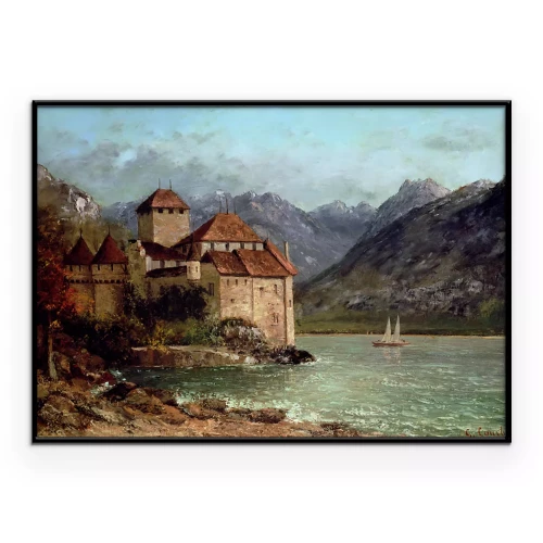 Poster Eine Burg am Ufer eines Sees mit Bergen im Hintergrund
