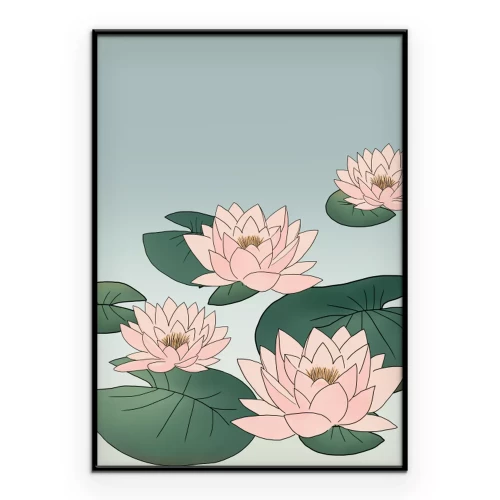 Poster Eine beruhigende Grafik von Blumen auf der Wasseroberfläche