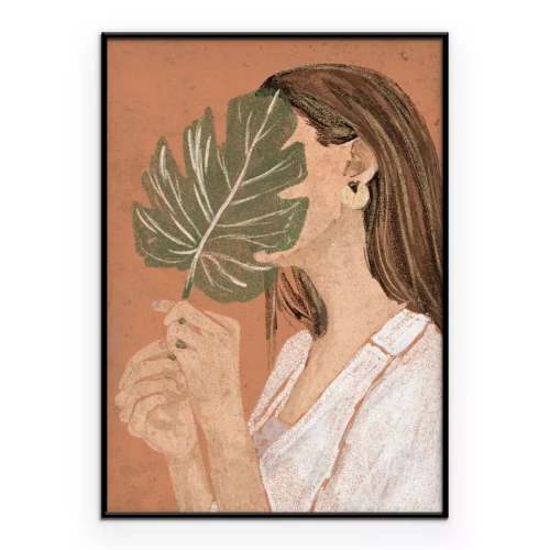 Poster Illustration einer Frau mit einem grünen Blatt
