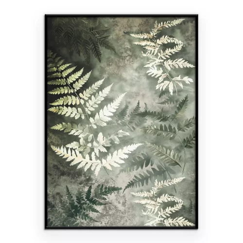 Poster Zarte Farnblätter vor nebligem Hintergrund