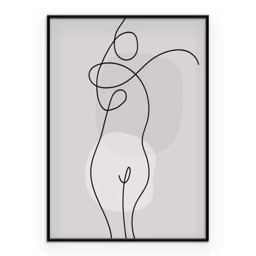 Poster Eine zarte Zeichnung einer Frau vor einem gepunkteten Hintergrund.