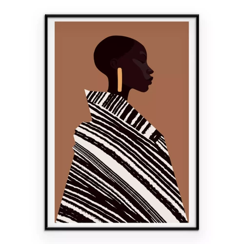 Poster Eine modisch gekleidete Frau in einem gestreiften Mantel vor warmem Hintergrund