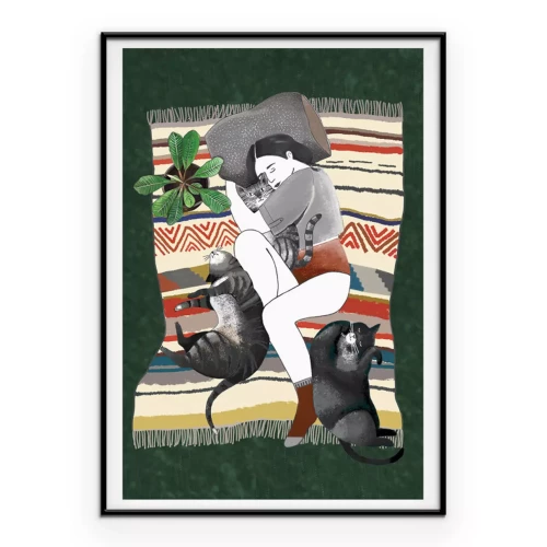 Poster Frau mit Katzen auf einer weichen Decke