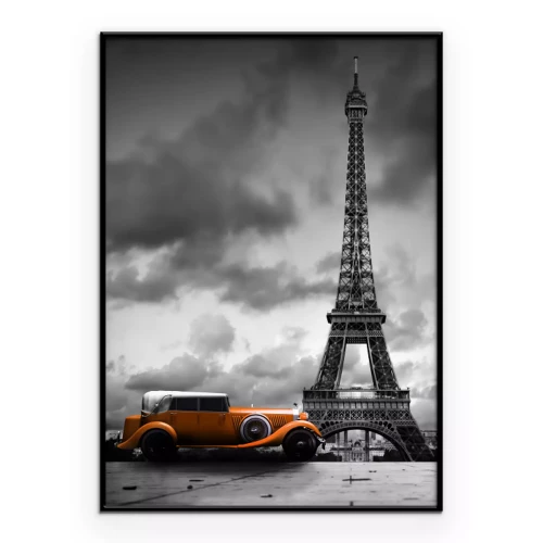 Poster Paris im Regen mit einem Oldtimer