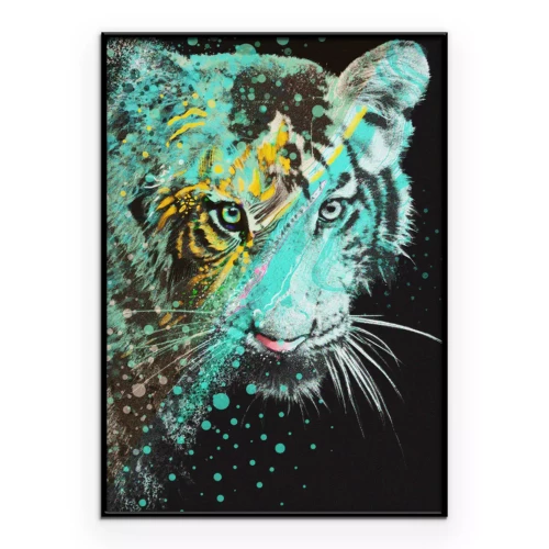 Poster Tigerporträt mit mintgrünen und gelben Akzenten