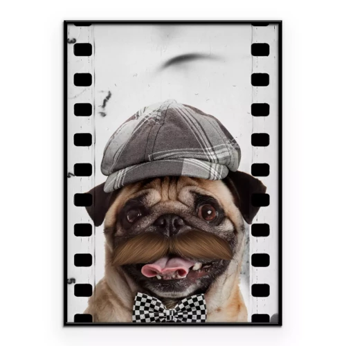 Poster Ein stilisiertes Porträt eines Mopses mit Retro-Accessoires.