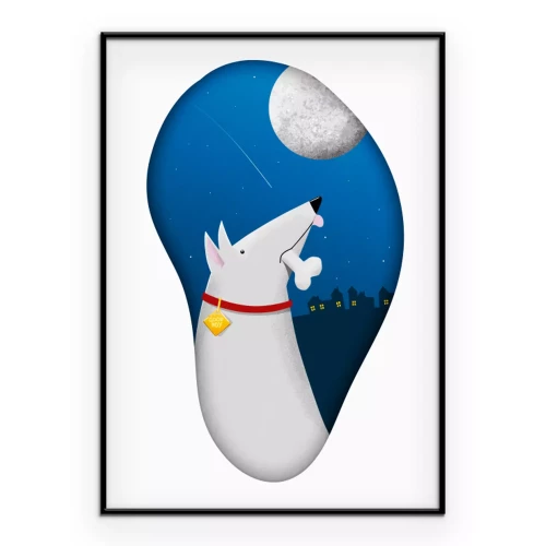 Poster Illustration eines Hundes bei Nacht mit einem großen Mond