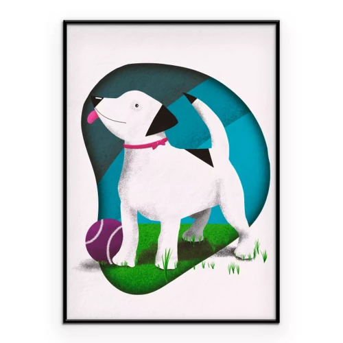 Poster Illustration eines Hundes mit einem lila Ball
