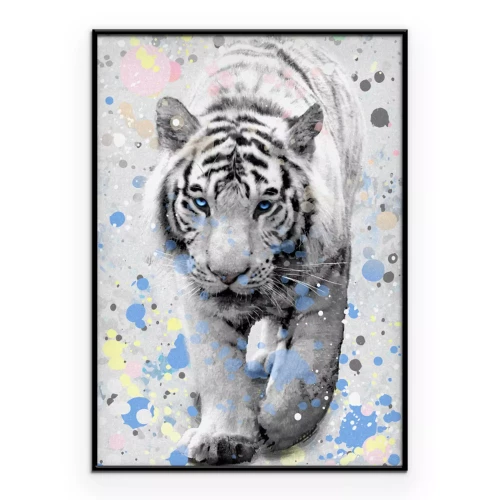 Poster Ein weißer Tiger vor einem Hintergrund aus bunten Flecken