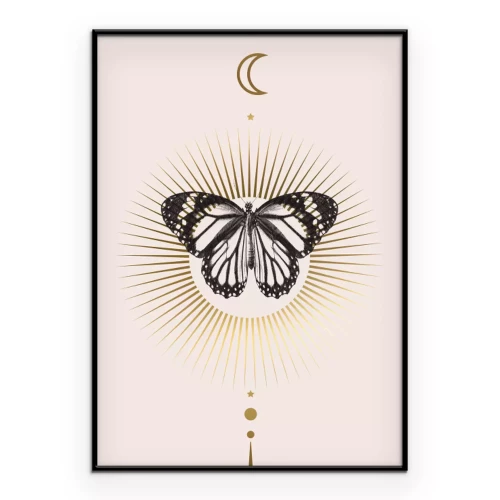 Poster Ein Schmetterling in einer geometrischen Komposition mit einer Mondsichel