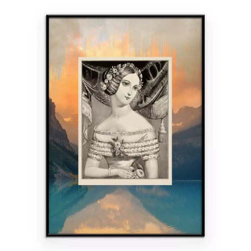 Poster Porträt einer Frau vor der Kulisse von Bergen bei Sonnenuntergang