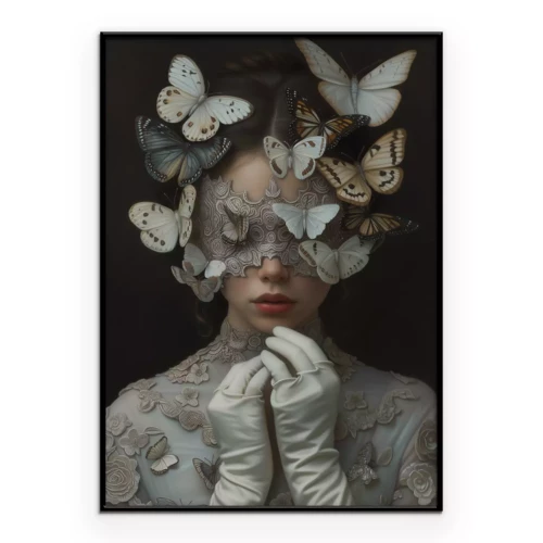 Poster Porträt einer Frau inmitten weißer und beiger Schmetterlinge