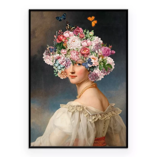 Poster Porträt einer Frau mit einem Blumenstrauß auf dem Kopf im klassischen Stil