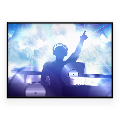 Poster DJ hinter dem Mischpult im hellen Licht