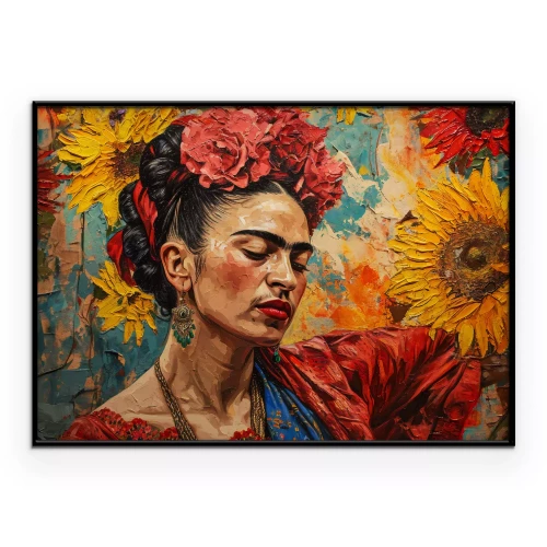 Poster Porträt von Frida Kahlo vor einem Blumenhintergrund