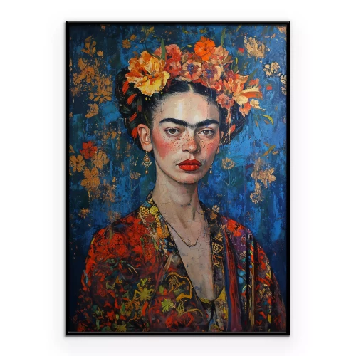 Poster Porträt von Frida Kahlo vor blauem Hintergrund mit Blumen im Haar