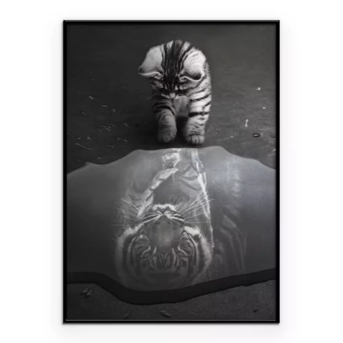 Poster Eine kleine Katze mit dem Spiegelbild eines Tigers im Wasser