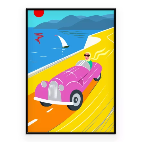 Poster Frau in einem rosa Auto an der Küste