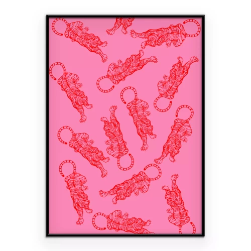 Poster Ein sich wiederholendes Muster mit roten Tigern auf rosa Hintergrund