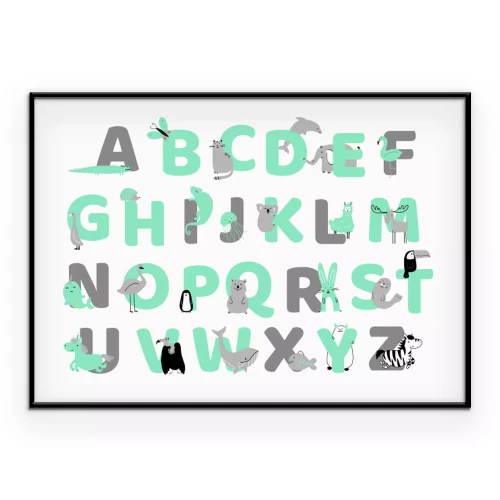 Poster Tiere zwischen grünen und grauen Buchstaben