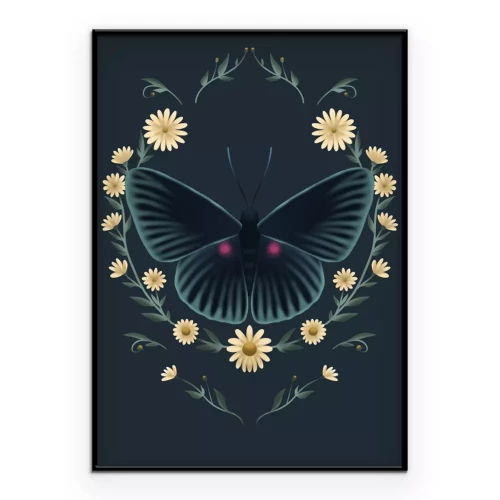Poster Dunkler Schmetterling in einem Blumenrahmen