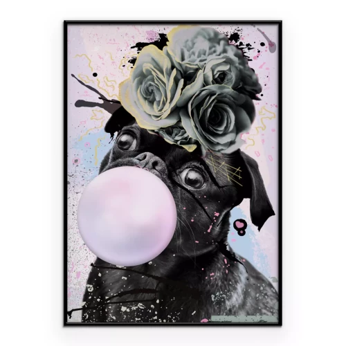 Poster Mops mit kaugummirosa und grauen Rosen
