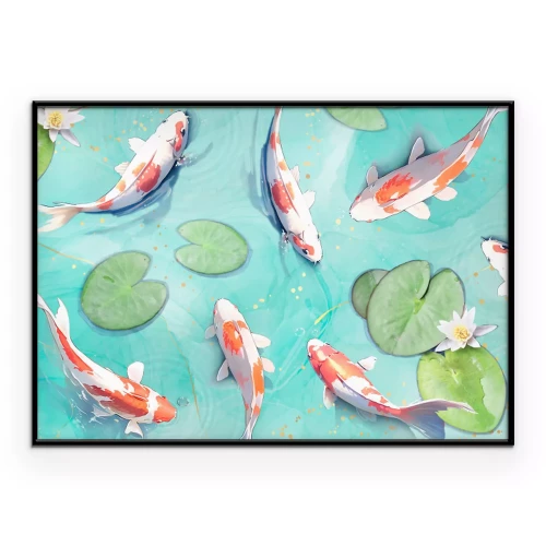 Poster Illustration von Koi-Karpfen, die in einem hellen Teich schwimmen