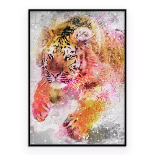 Poster Tiger in Bewegung mit Aquarellspritzern