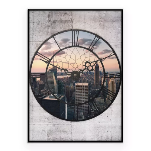 Poster Die Stadt in der Abenddämmerung im Bildausschnitt der Uhr