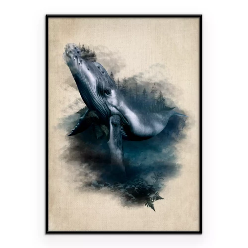 Poster Ein Wal und ein Waldmotiv in einer abstrakten Komposition