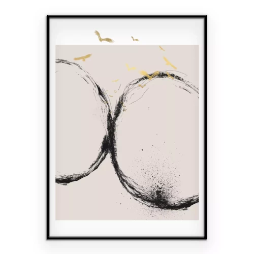 Poster Goldene Vögel über schwarzen Kreisen